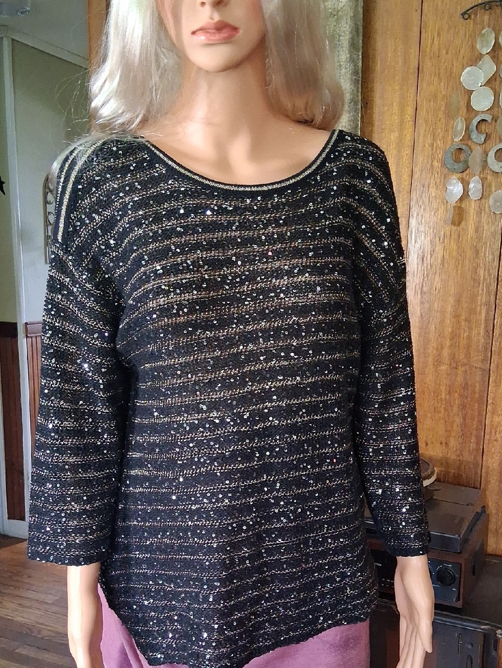 Chico's Black Sweater with Gold Metallic Accents & Sequins